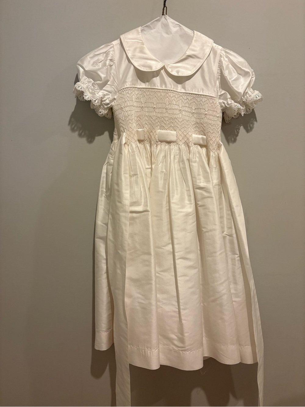 Strasburg Classic Ivory Smocked Girls Dress with Peter Pan Collar and sash